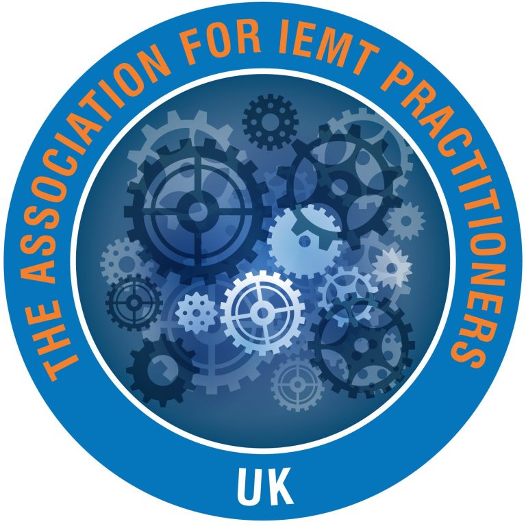 Logo of the Association for IEMT Practitioners UK featuring gears and a blue background.