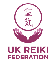 Usui Shiki Ryoho Reiki Training Logo of the UK Reiki Federation featuring hands and Japanese characters.
