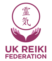 Usui Shiki Ryoho Reiki Training Logo of UK Reiki Federation featuring hands and a symbol representing Reiki energy.