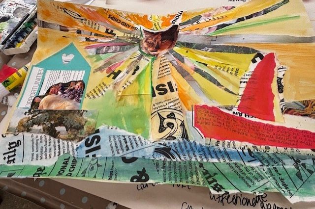 Phiona Hutton Counsellor and Integrative therapist, in person Havant, Hampshire or online nationwide. Collage featuring vibrant colours, shapes, and layered paper textures.