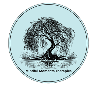 Reiki A stylised willow tree surrounded by water, with the text "Mindful Moments Therapies" below.