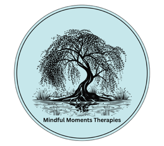 Crystal Therapy Illustration of a willow tree with roots, surrounded by a circular blue border. Text below reads "Mindful Moments Therapies."