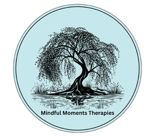 Breathwork A stylised willow tree reflecting in water, with "Mindful Moments Therapies" below.