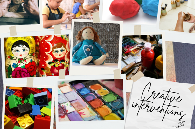 Phiona Hutton Counsellor and Integrative therapist, in person Havant, Hampshire or online nationwide. A collage of colourful crafts, dolls, paint, and art supplies showcasing creativity.