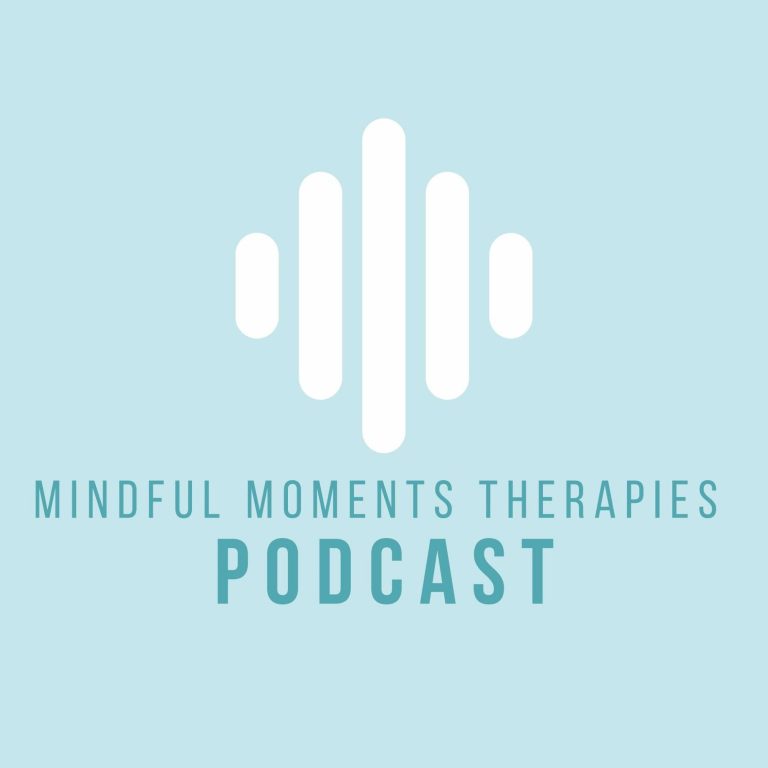 Logo for "Mindful Moments Therapies Podcast" with sound waves design.