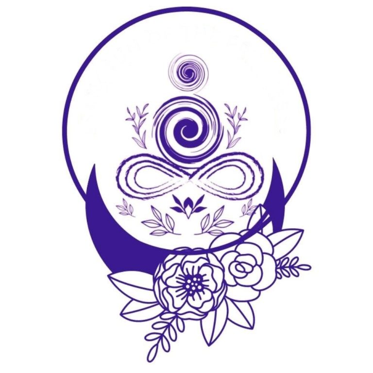 A stylised purple mandala featuring a meditative figure and floral elements.