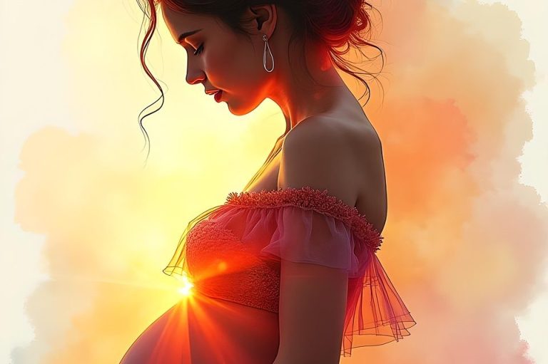 Phiona Hutton Counsellor and Integrative therapist, in person Havant, Hampshire or online nationwide. Pregnant woman in profile, glowing belly, surrounded by soft pastel hues and light.