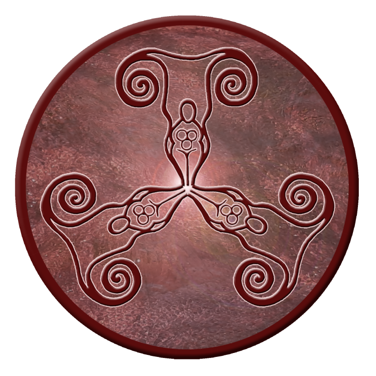 Abstract circular design featuring three intertwined figures and spiral patterns.