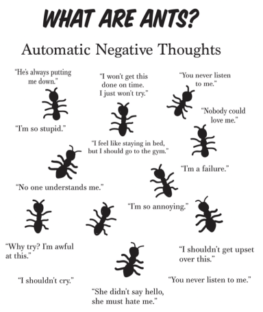 Illustration of ants with speech bubbles expressing negative thoughts and emotions.