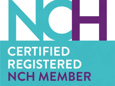 Hypnotherapy Certified Registered NCH Member logo in blue and purple.